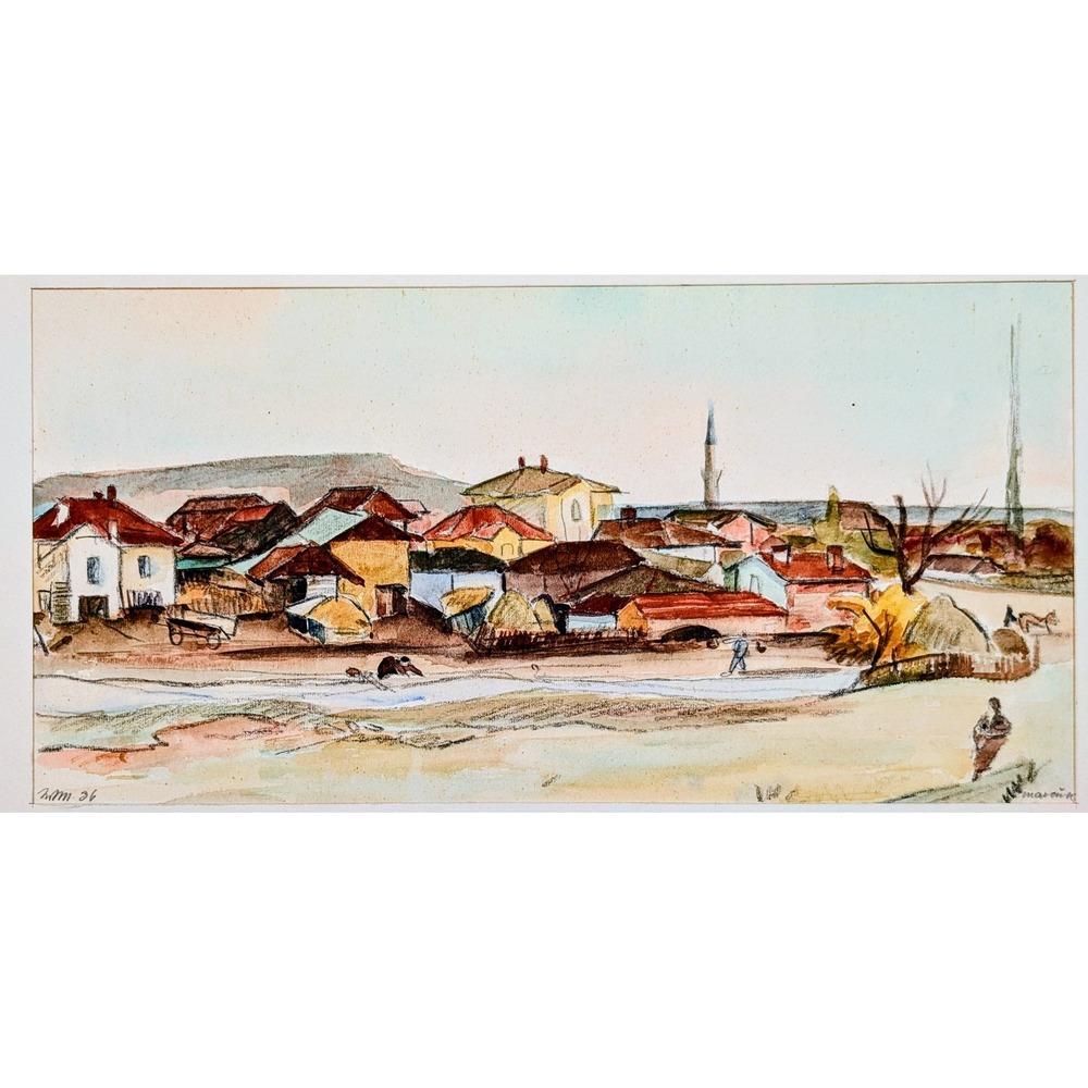 Vintage 1936 Village Landscape Watercolor Ink Painting Signed Dated Art